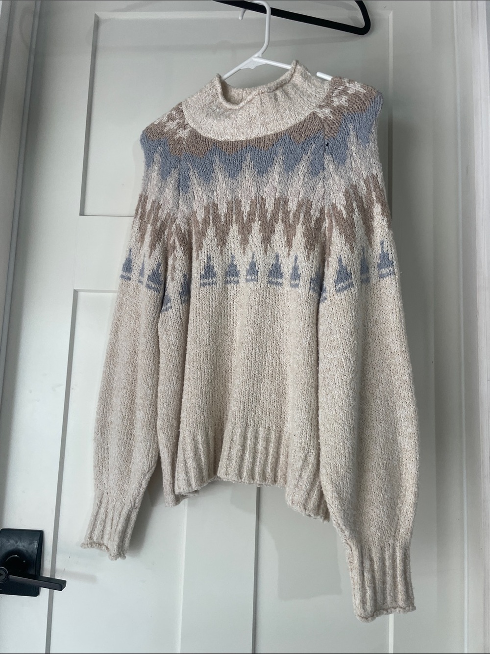 Cozy Fair Isle Mock Neck Sweater in Cream and Blue